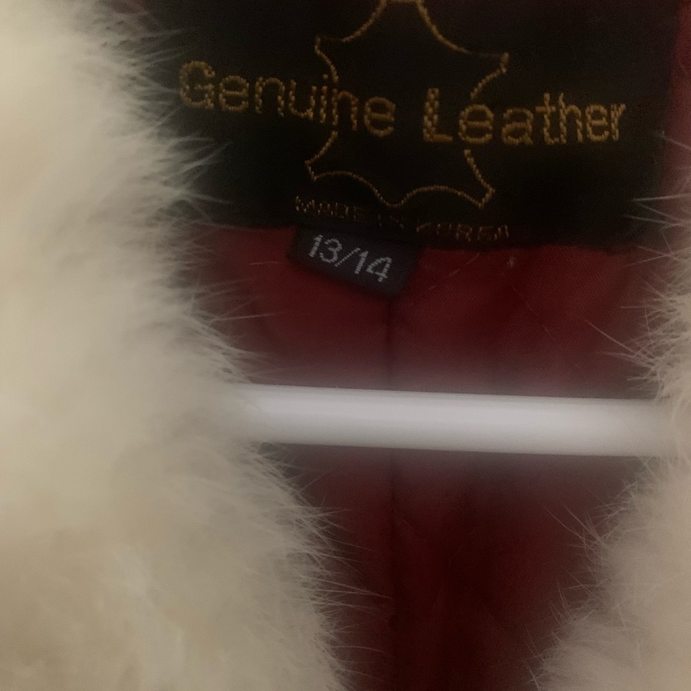 Deep burgundy vintage leather fur collar jacket